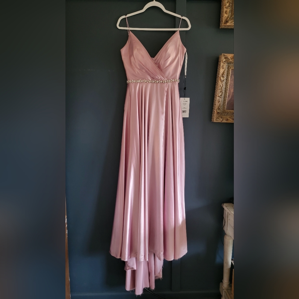 New Sherri Hill Charmeuse Formal Evening Gown Bridesmaid Dress with Train Rose 6